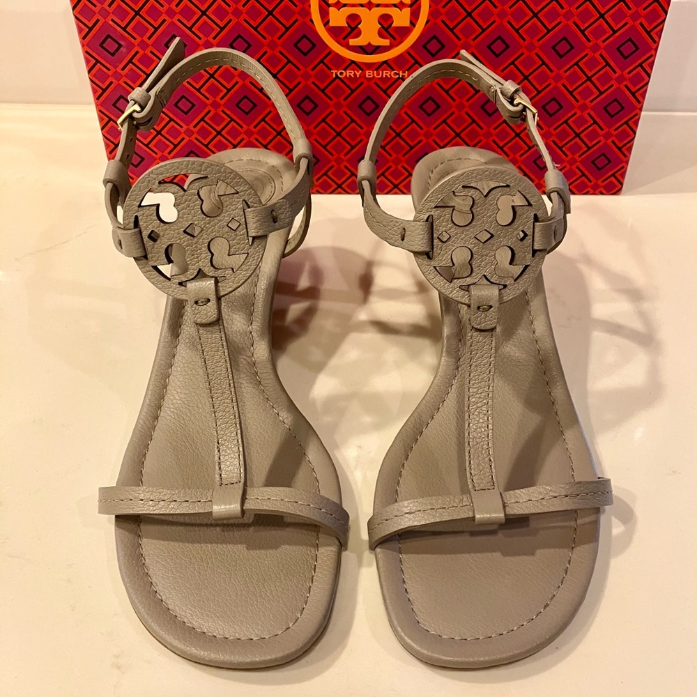 Tory Burch Miller Wedge Sandals in Dust Storm, size 7.5